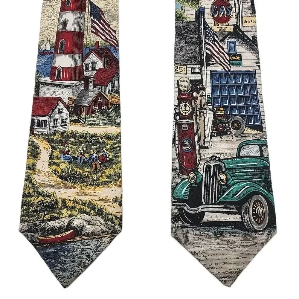 Van Heusen Silk Tie Lot of 3 Casual Americana Filling Station Lighting Village
